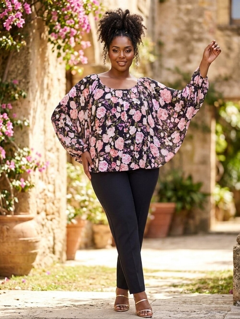 🖤GUC Ashley Stewart "Floral🌸Print Semi-Sheer Top w/Keyhole🔑Detail@Back" 18/20